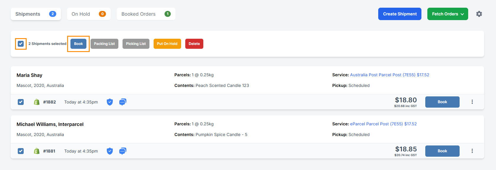 shipping manager with one order selected and confirmed button clicked